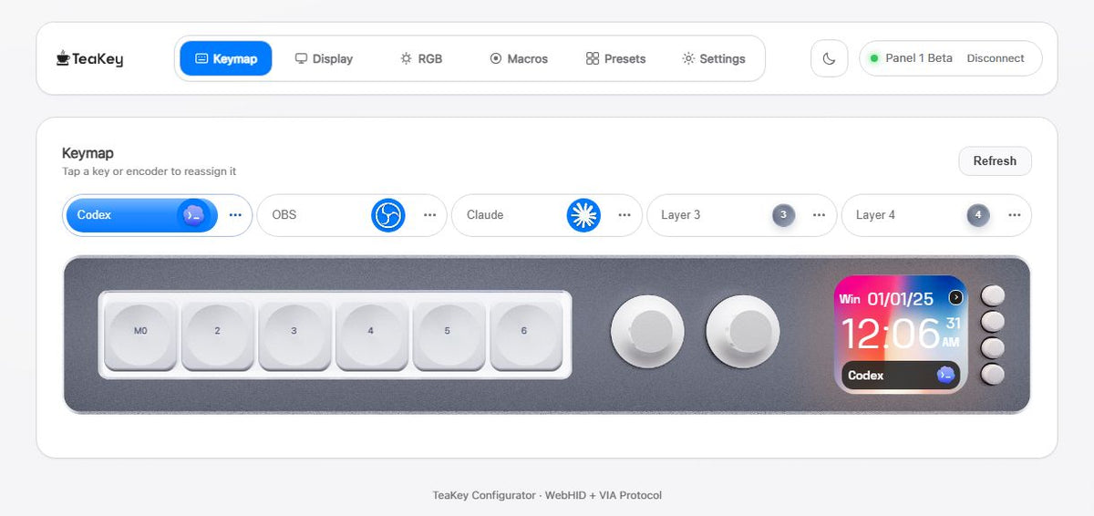 TeaKey Configurator showing Panel 1 layer names, controls, and navigation